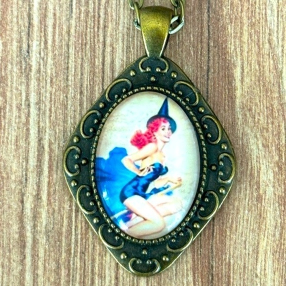 Pinup Witch Pendant Necklace, Handmade, Unworn, New, 62cm chain